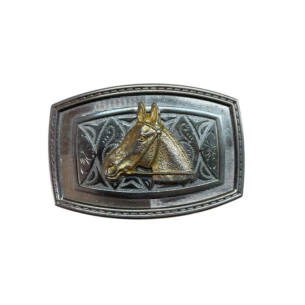 Western Belt Buckle Horse Head Cowboy Girl Gold Accent Silver Tone Rodeo